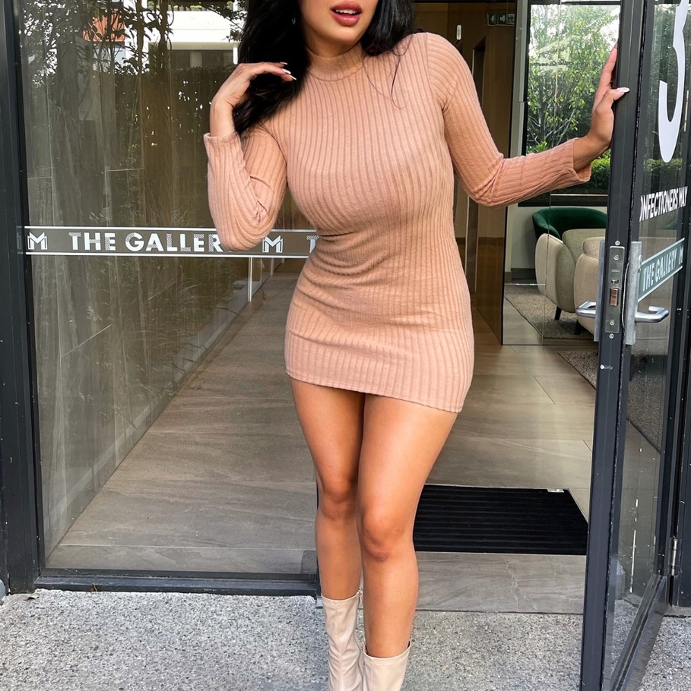 Tan ribbed mini dress